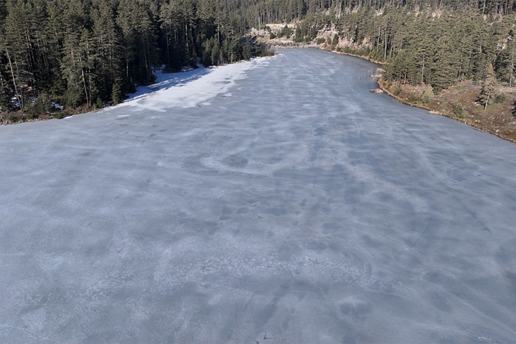 Bolu'da Aladağ Göleti'nin yüzeyi buz tuttu